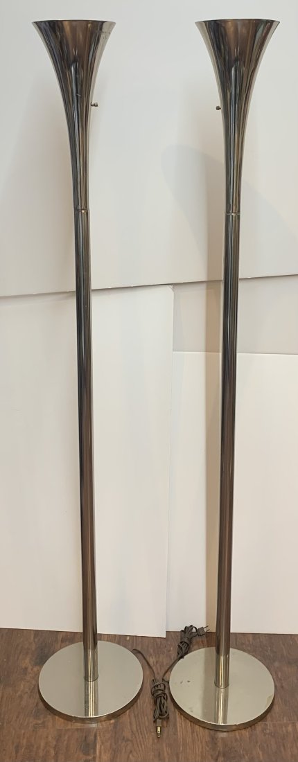 Pair of Torchiere Chrome Midcentury Modernist Lamps (1 of 6)