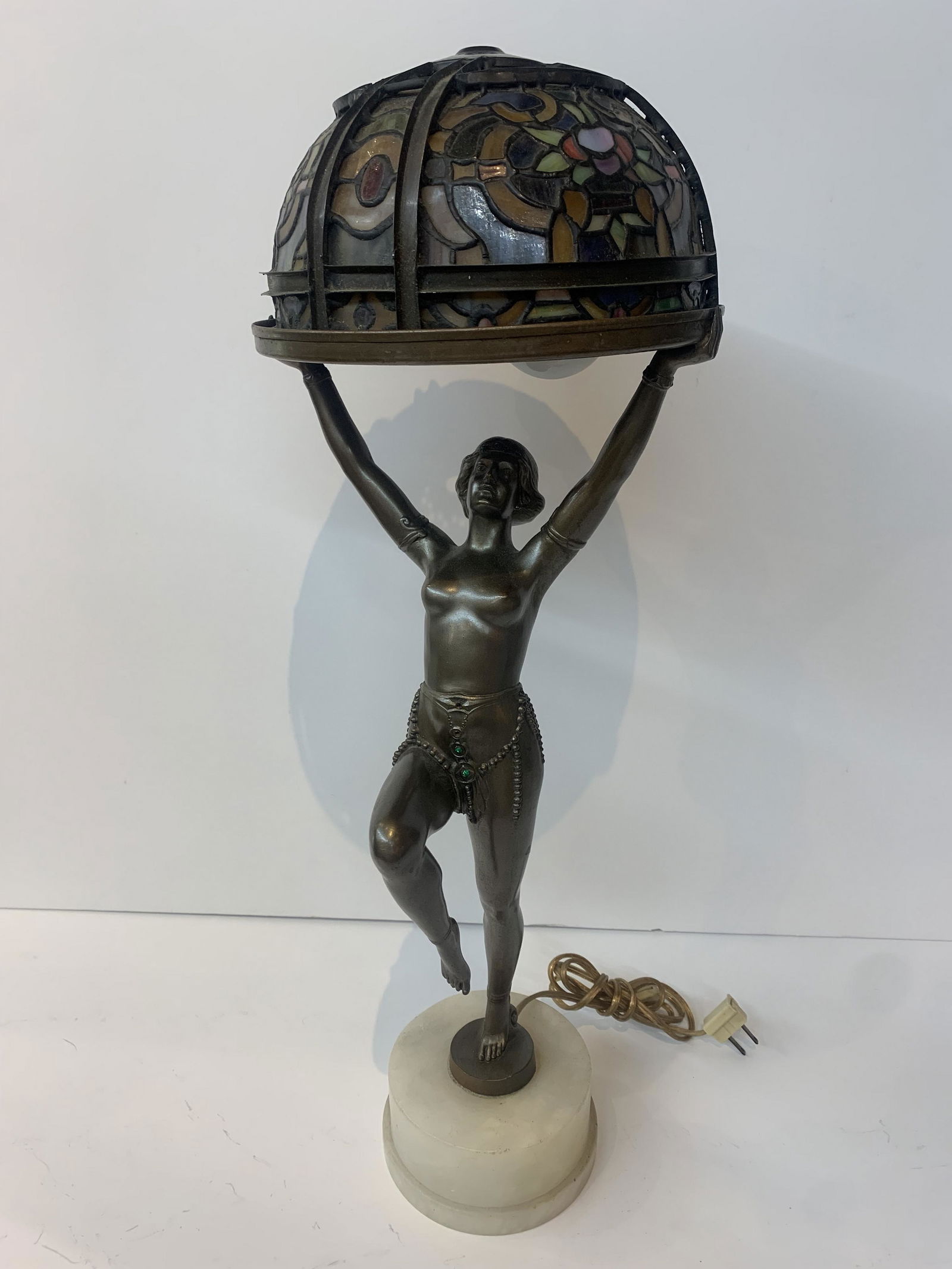 Spelter Art Deco Woman Figural Lamp Meyda Tiffany Shade (1 of 11)