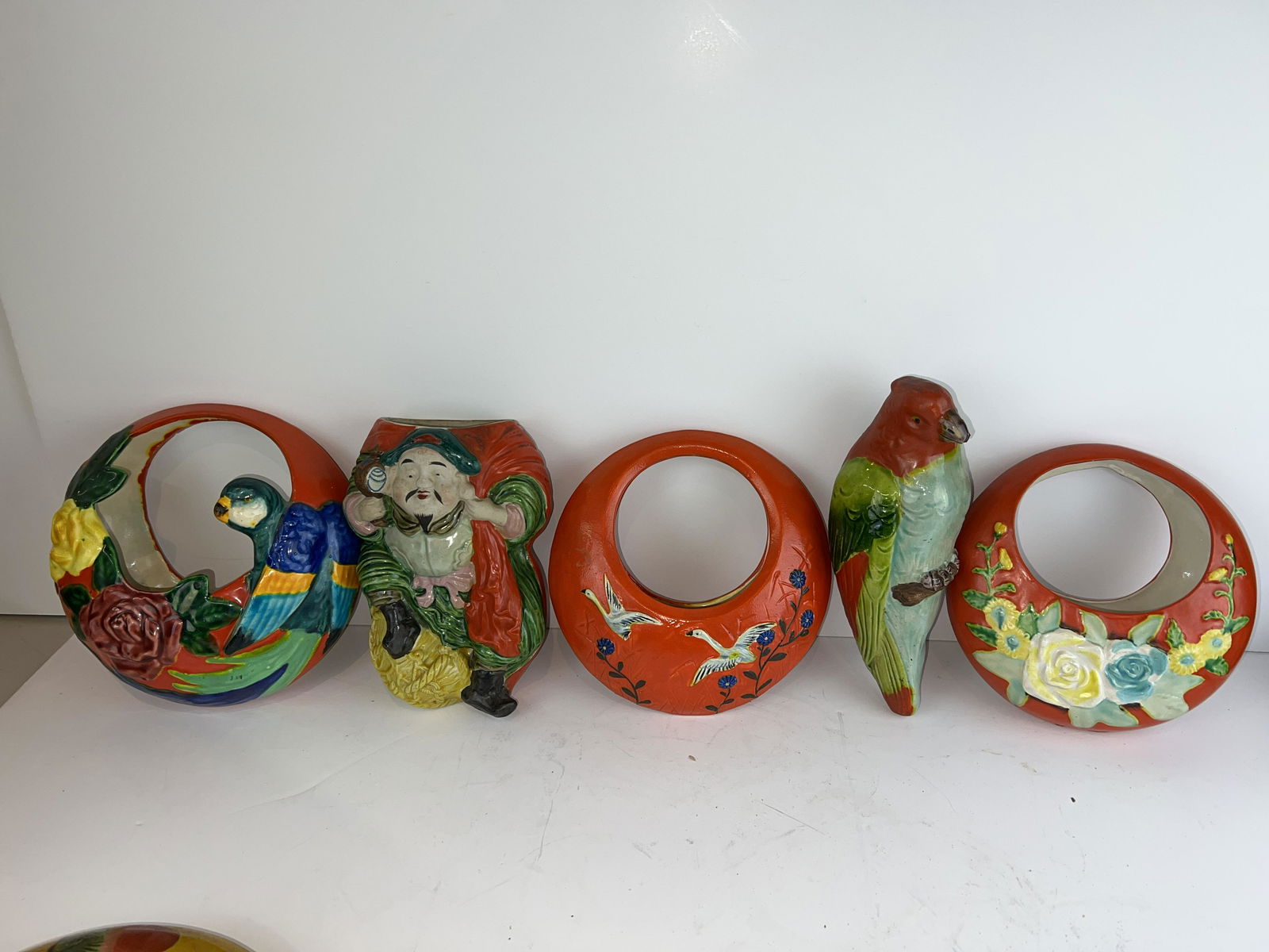 Lot of 5 Antique Japanese Wall Pockets Red (1 of 7)