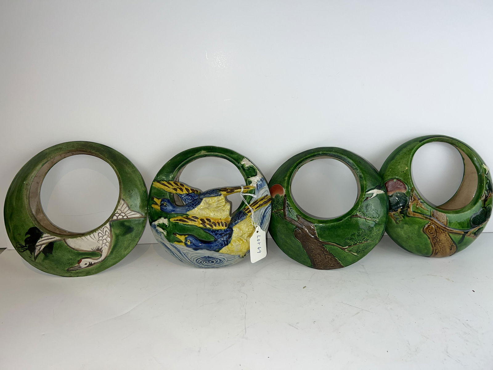 Lot of 4 Antique Japanese Wall Pockets Green (1 of 7)