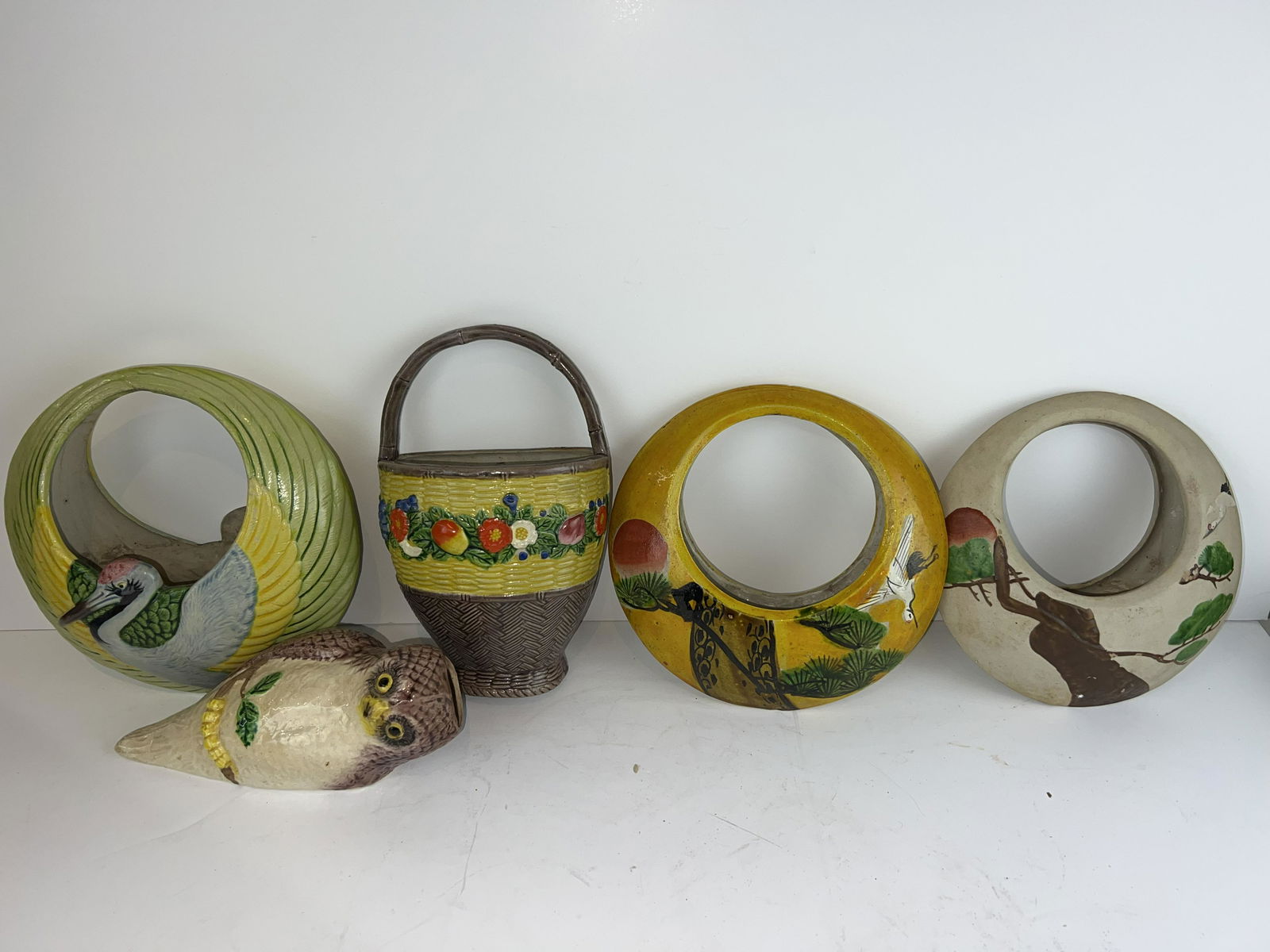 Lot of 5 Antique Japanese Wall Pockets Yellow Brown (1 of 9)