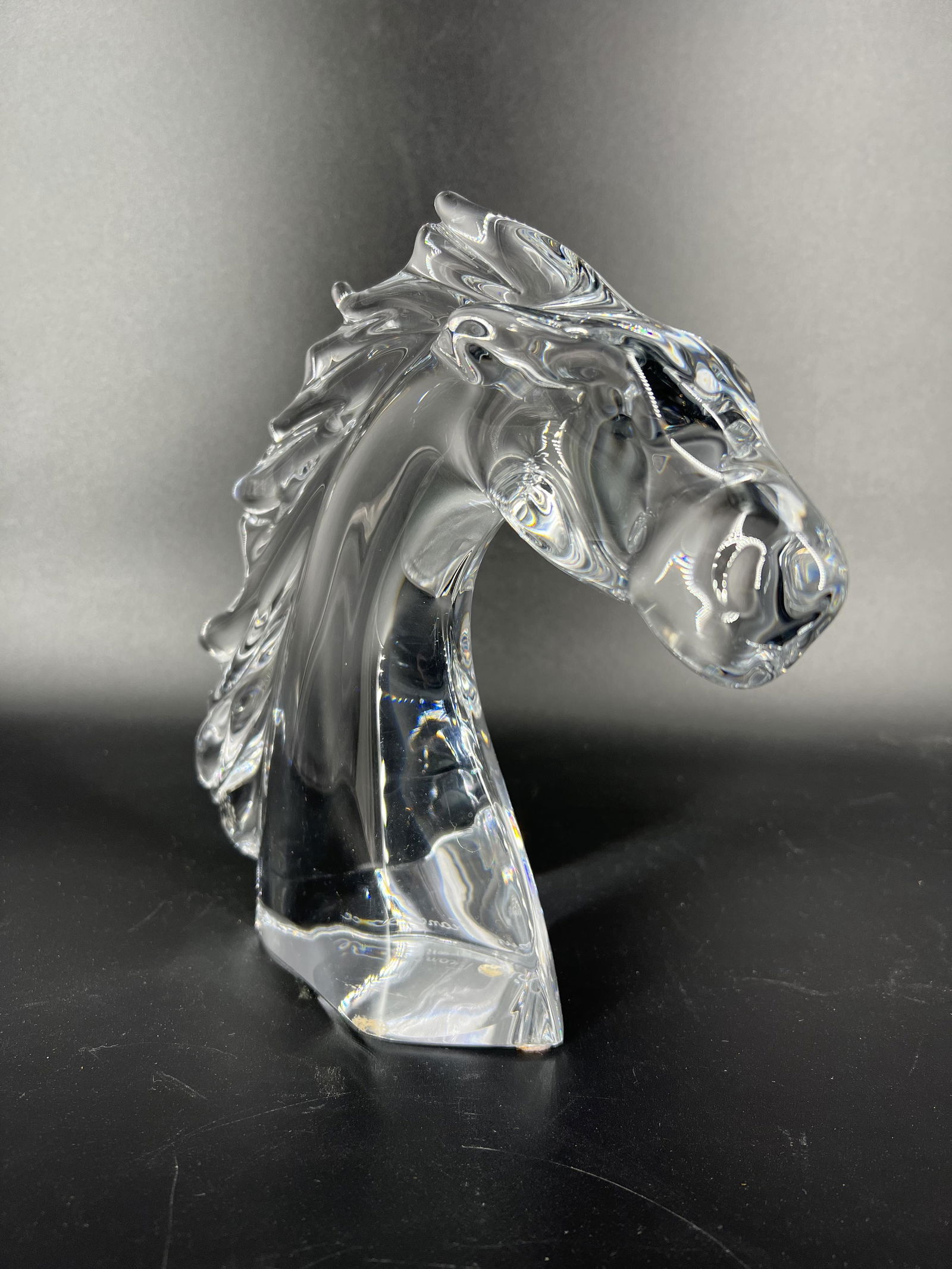 Antique Signed Daum Art Glass Horse Sculpture: Signed Daum France art glass horse head sculpture. Size: 12" high.