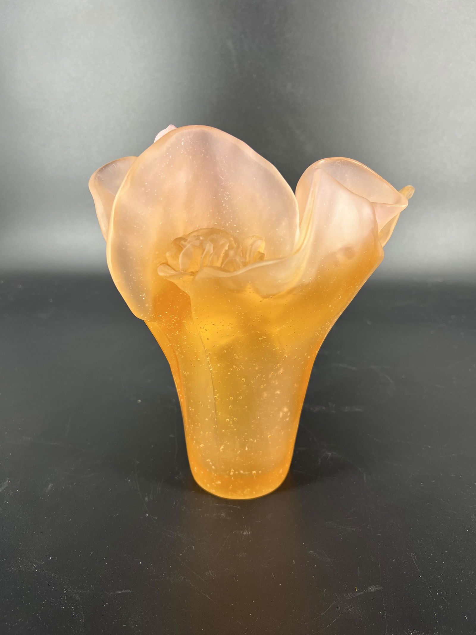 Antique Daum France Frosted Art Glass Amber Floral Vase: Gorgeous floral vase in an orange amber color with a pinkish tint. The color is almost iridescent. There are no chips or cracks.