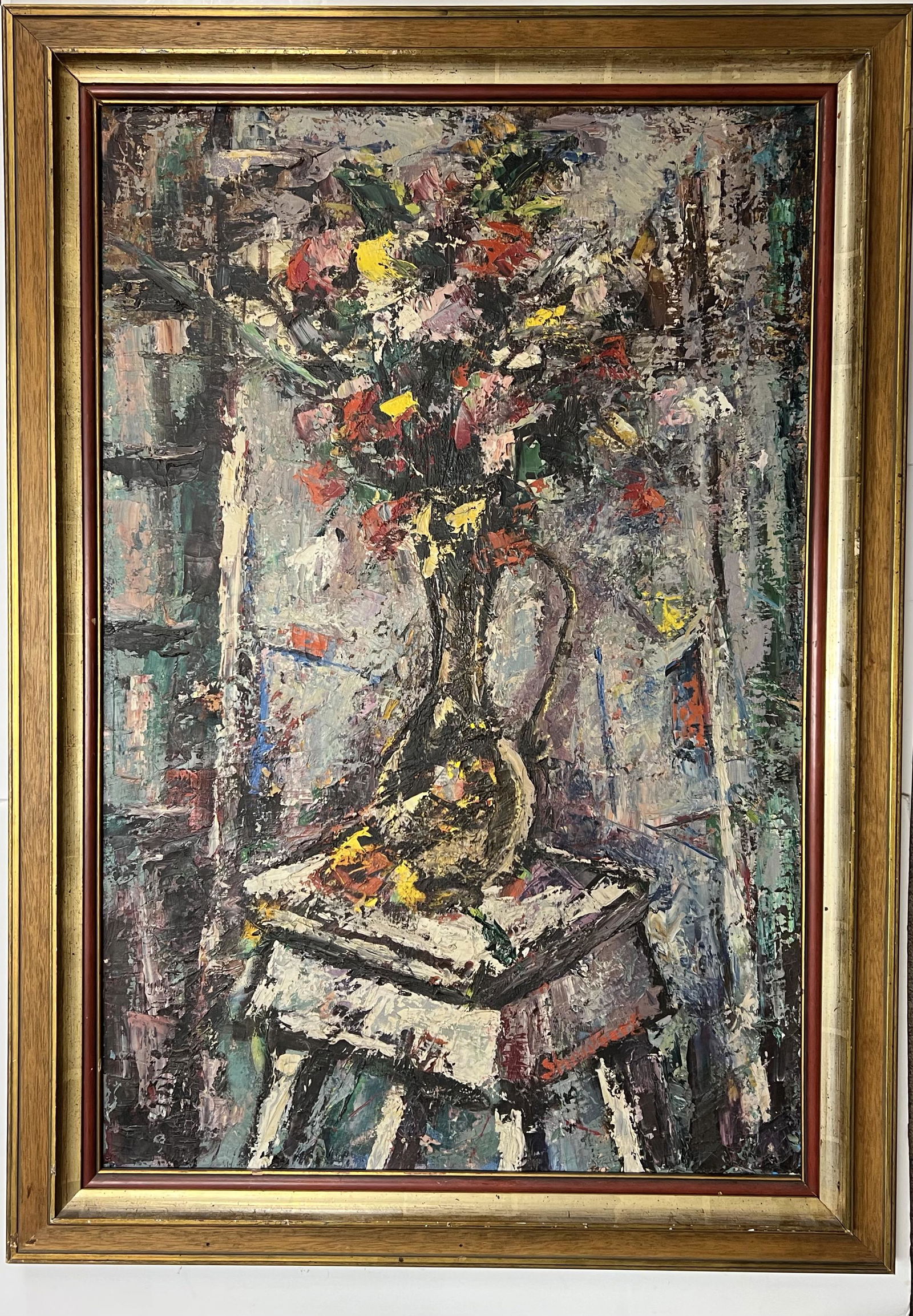 Harry Shoulberg (American, 1903-1995) Still Life Flower: A beautiful signed still life oil painting. Oil on canvas. The still life depicts a flowerpot with flowers atop a desk. With frame: 41.5" X 29.5"; without the frame: 35" X 23".