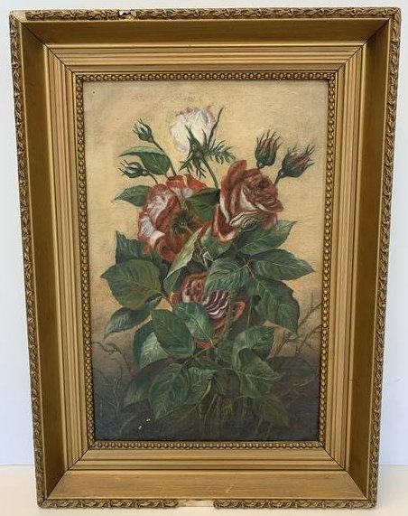 Antique Unsigned Still Life Painting: An antique still life painting of red flowers. The painting is unsigned. Without the frame, the painting is 11.75" x 17.25". The painting is 15.5" x 21.5" with the frame.