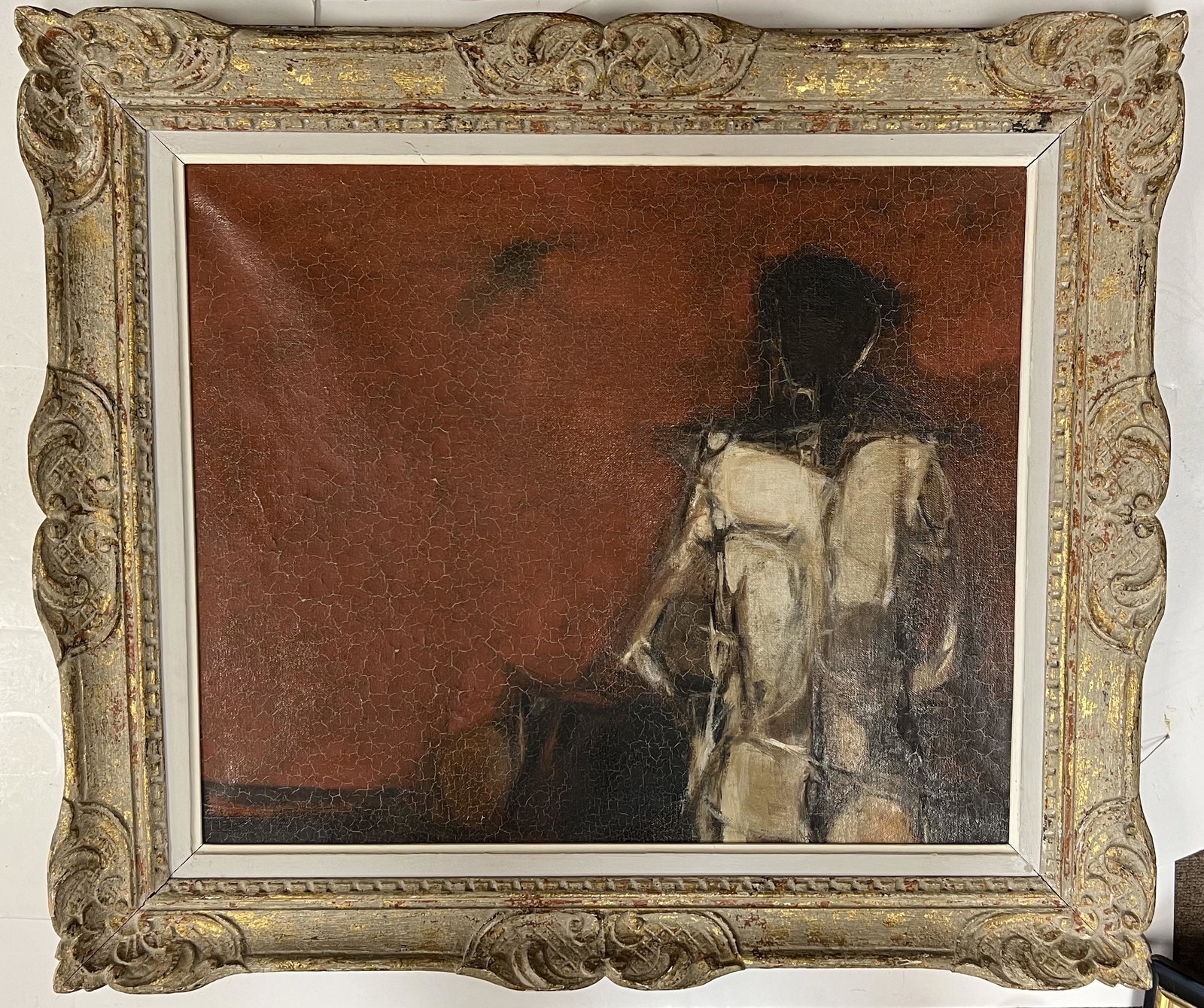 Antique "Personnage" Jean LeCoultre (Swiss, 1930-): Incredible signed Jean LeCoultre oil painting on canvas. LeCoultre is a Swiss born artist born in 1930, who is still alive. This piece is entitled "Personnage." Piece is signed on the back. Without th