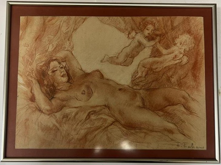 Fabien Fabiano (French, 1882-1962) Drawing Nude Woman: Vintage drawing by the great French illustrator, Fabien Fabiano. This framed sketch is signed and depicts a nude woman with cherubs.