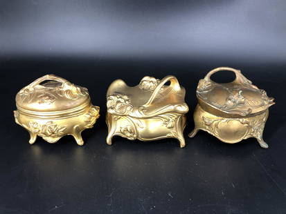 Lot of 3 Art Nouveau Trinket Box Jewelry Casket: Lot of 3 Art Nouveau Trinket Box Jewelry Casket. Approx. length for all 3 trinket boxes measures at 4.25", 4", and 4".