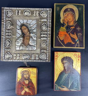 Lot of 4 Vintage Russians Religious Icons: Lot of 4 Vintage Russian Religious Icons. The largest icon is 9.25" x 8.5".