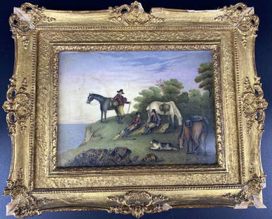 Antigue Hand Painted Landscape Scene On Porcelain: Antique Hand Painted on Porcelain Plaque Horse Landscape Scene; Approximate size: 10.5"L x 12.5"W framed, 8" x 6" painting itself.