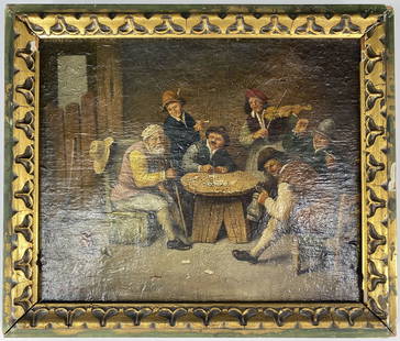 Belgian Oil Painting Jean Henri De Coene (B.1798-1866): Antique oil painting on canvas. Atributed to Jean-Henri De Coene. Group of drunken men playing cards, another man playing a violin; Approximate size: 11.25"L x 13"W framed. Painting itself is 10.75" x