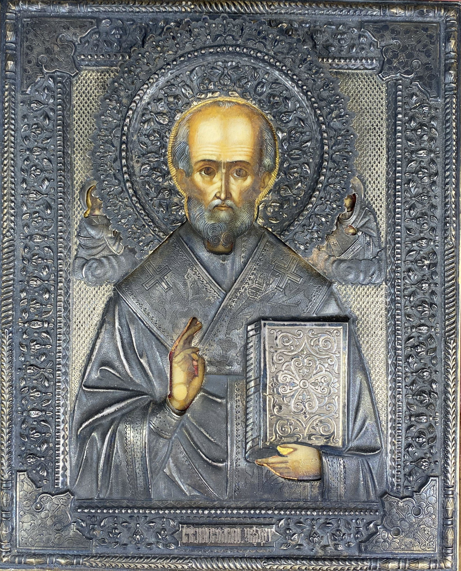 Antique Religious Icon Saint Nicholas Stylianos 84 Silver (1 of 5)