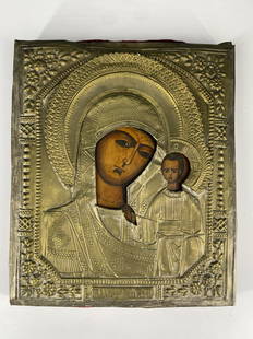 Antique Religious Icon Virgin Mary Maddona & Child Jesus: Antique Russian Religious Icon Virgin Mary Madonna & Child Jesus in brass oklad; Approximate size: 12.25"L x 10.5"W