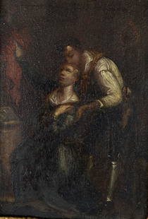 Antique Oil Painting on Copper of Man Kissing Woman: Antique Miniature Oil Painting on Copper Man Kissing Woman's Forehead; Signed on the back "la priere interrompre": "Approximate frame size: 8.5"L x 7.25"W;