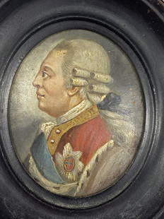 Antique English Miniature Painting of a King George III: Antique Hand Painted Miniature of a King George III wearing the order of the Garter; Approximate frame size: 4.25"L x 3.75"W