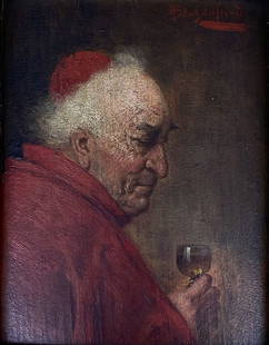 Antique German Oil Painting of a Cardinal Priest: Antique German religious oil painting on wood cardinal priest holding a glass of wine. Attributed to a German artist, Alois Priechenfried (1867-1953); signed upper right. Approximate size: 14.25"L