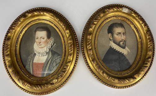 Pair of Italian Antique Portrait Lithographs: Pair of Antique Portrait Prints in ornate oval frames; One of Lavinia Fontana Pittrice, the other one of Jacopo da Empoli. Approximate frame size: 13.25"L x 11.35"W.