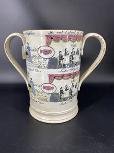 19th Century Staffordshire Porcelain Vase Cup: 19 Century Staffordshire 2-handled monumental cup depicting the real cabinet of justice & equity monumental cup; Approximate size: 10.25"H x 12.25"W x 7"D