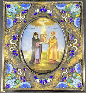 Antique Russian Religious Icon in 84 Enamel Silver Frame: Antique Russian religious miniature icon hand painted on metal plaque in 84 enamel silver frame; Approximate size: 5.15"L x 4.5"W.