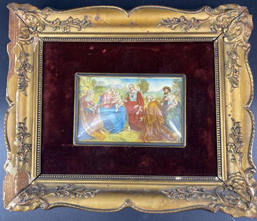 Antique Religious Icon Miniature on Celluloid Nativity: Antique Russian or Greek religious icon miniature painting on celluloid; possibly Jerusalem nativity scene; Approximate frame size: 10.25"L x 12"W.