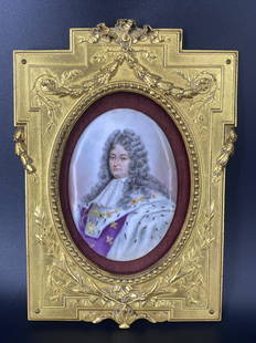 Hand Painted Miniature Portrait of King Louis XIV: Hand painted miniature porcelain plaque portrait of French King Louis XIV in bronze gold ormolu ornate frame. Approximate frame size: 9.75"L x 7"W.