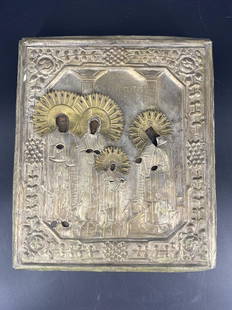 Antique Russian Icon Three Saints Silver Plated Copper: Antique Russian Religious Icon Three Saints Samon, Guriy, & Aviv w/ Child Jesus Silver Plated oklad; Approximate size: 12.5"L x 10.5"W