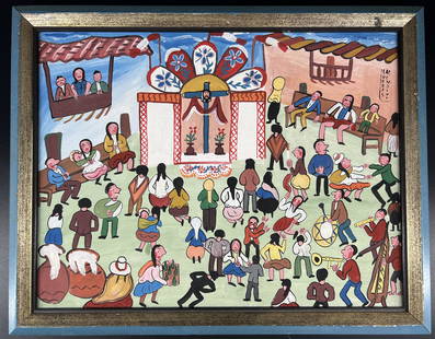 Vintage Lurdes Mendivi (20th C.) Primitive Folk Church Scene Painting: Antique Lurdes Mendivi (20th C.) primitive folk art painting of people praying and celebrating in front of Jesus on the cross. ; Approximate size: 17" x 14".