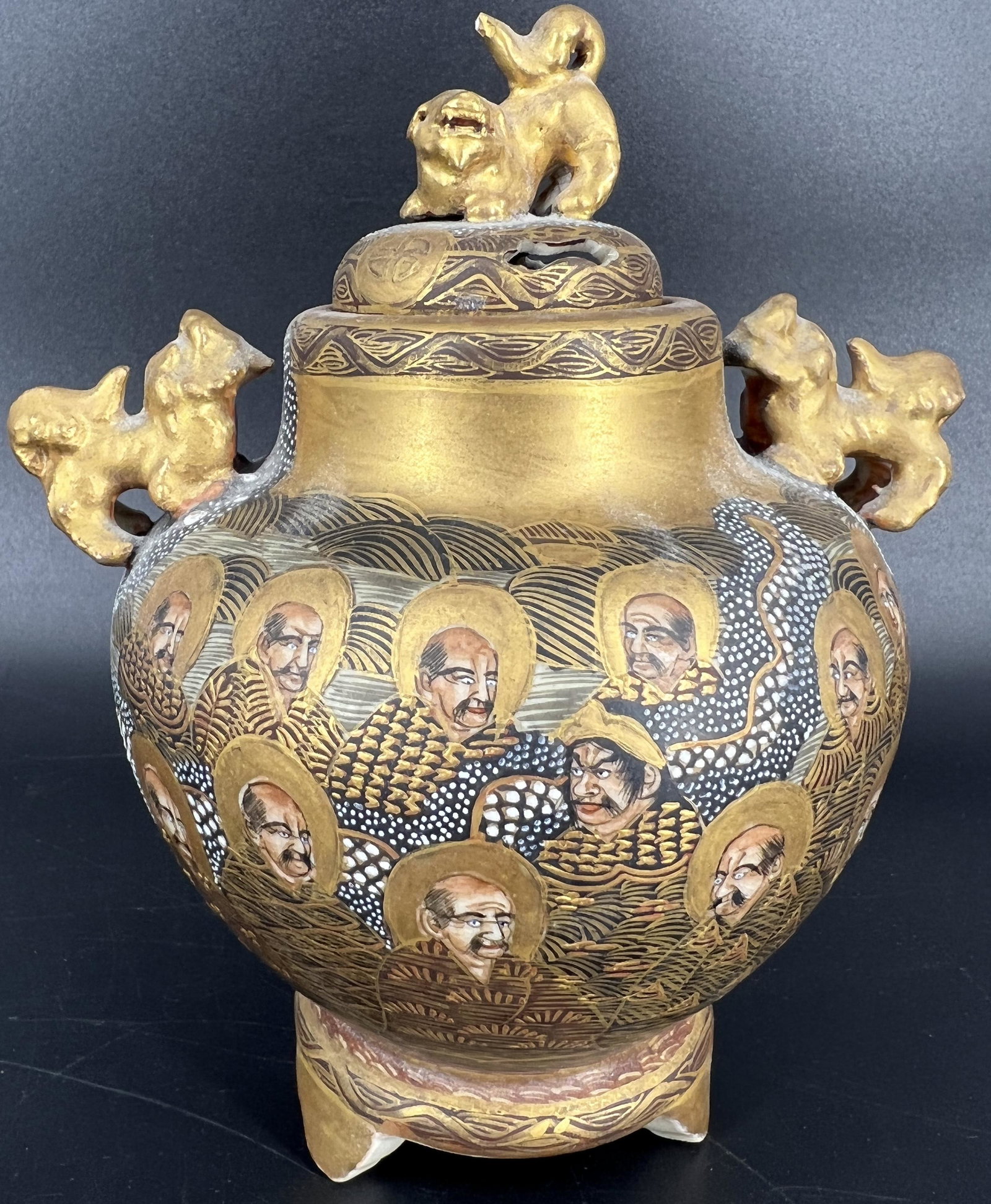 Antique Japanese Satsuma Incense Burner: Antique Japanese Satsuma Sensor Incense Burner W/ Foo Dogs & thousand faces decorations. Signed on the bottom.