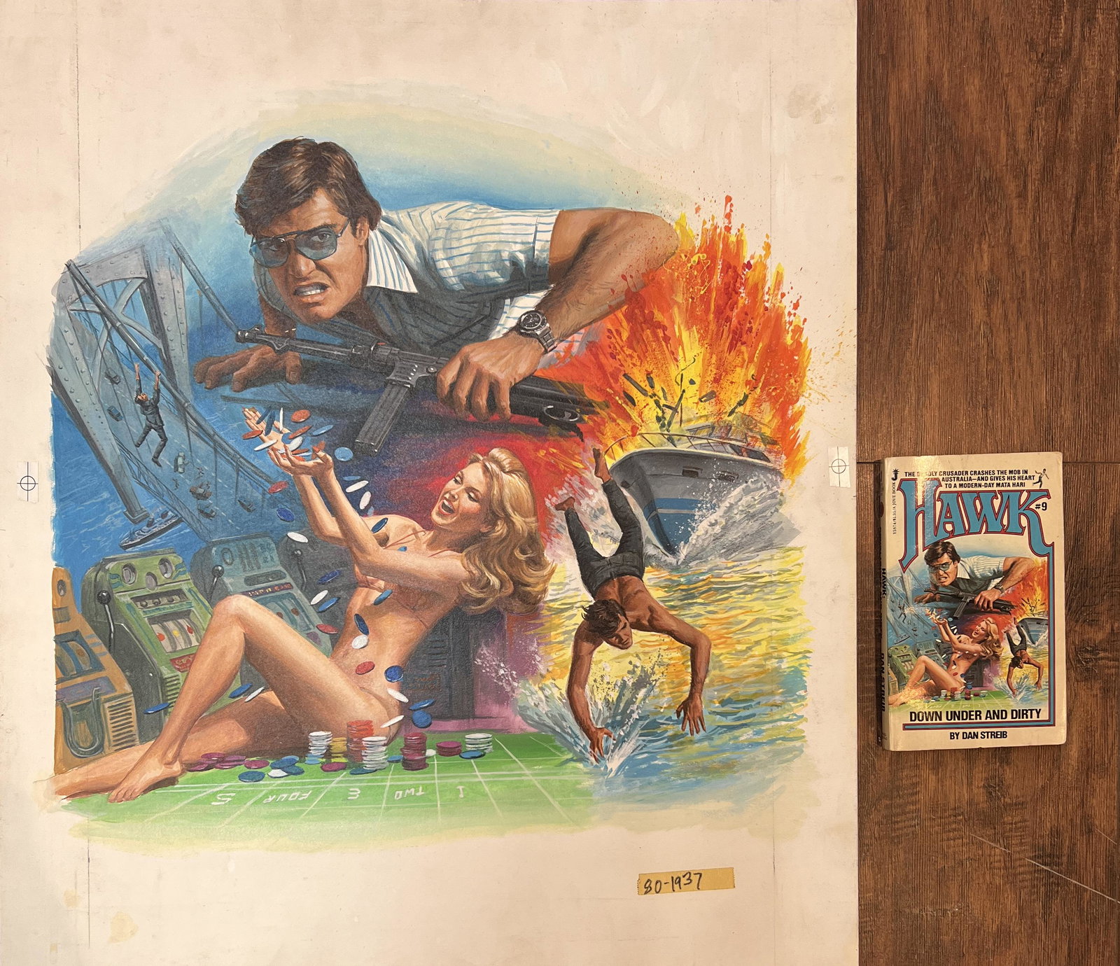 Samson Pollen (American, 1931-2018) Hawk #9 5874 May: Harlequin Painting by Samson Pollen. The painting is on board. This painting was for The Hawk Book series #9: Down Under and Dirty. The painting shows a man with a machine gun with numerous different 