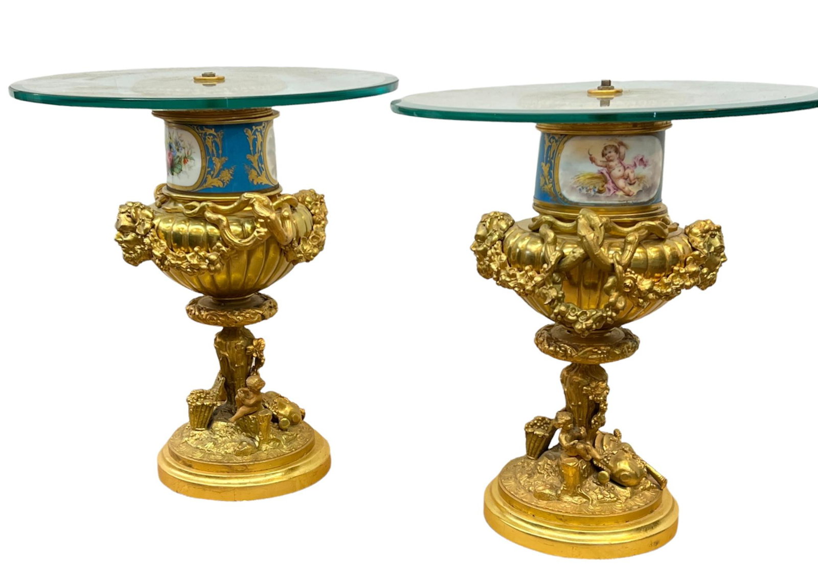 Pair of Bronze & Porcelain Handpainted Gilt Glass Top Tables (1 of 6)