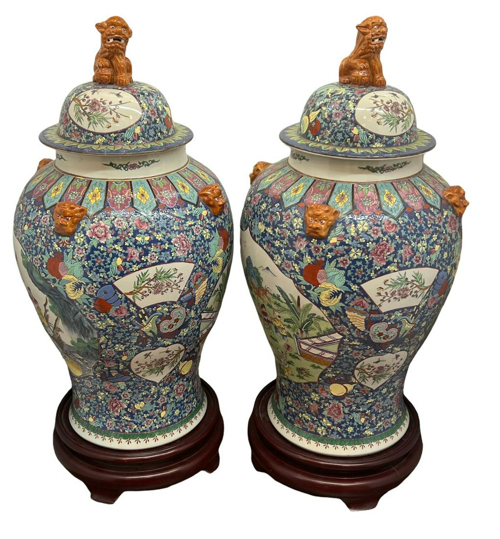 Pair Monumental Asian Chinese Floor Ginger Jars Famille Rose (1 of 7)
