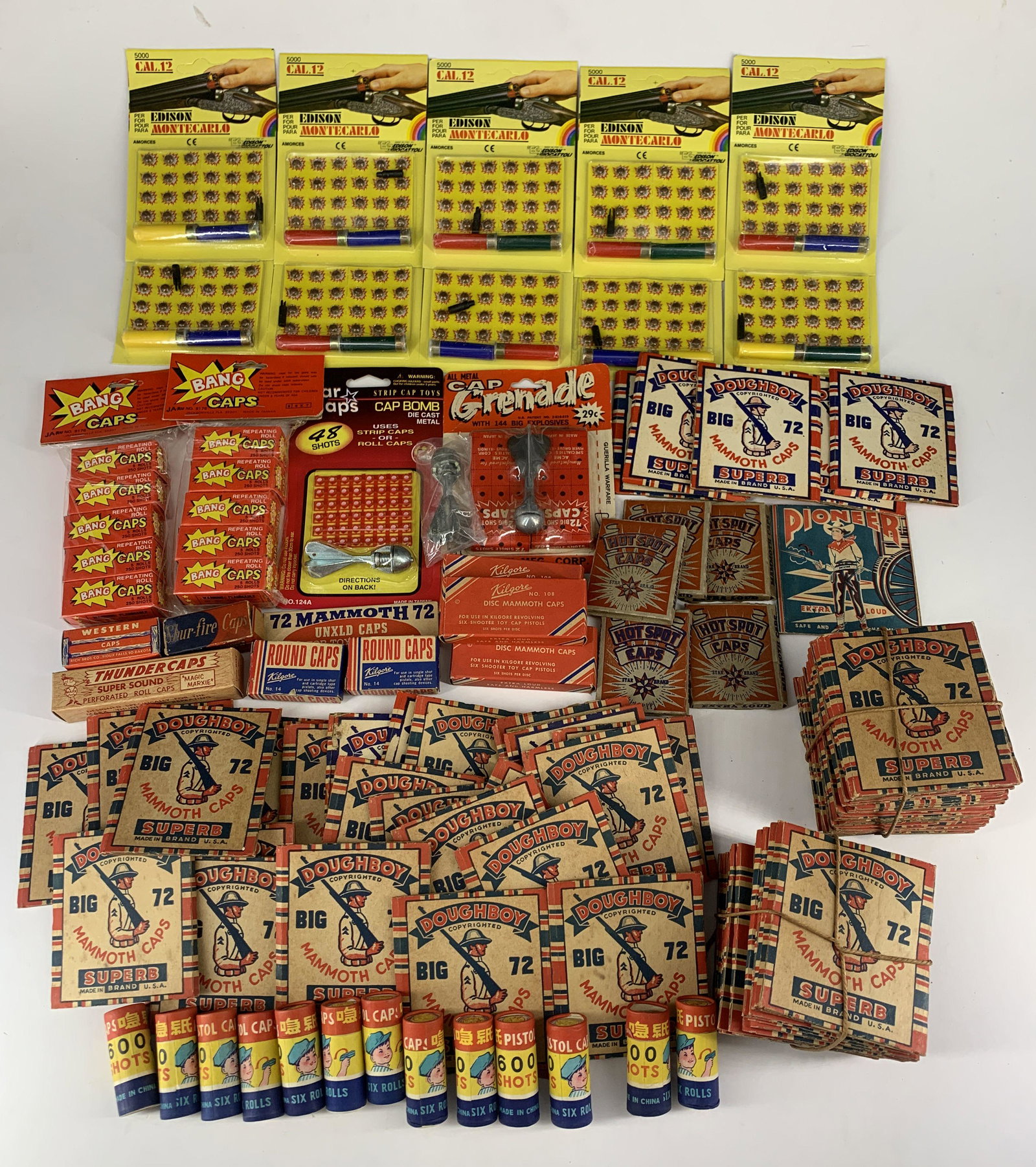 Large Lot of Vintage Strip Roll Paper Toy Cap Gun Ammunitions: This lot consists of mixed toy gun cap ammunition, most are in original sealed packages. Various toy cap gun ammunitions: Edison Montecarlo, Doughboy, Hot Spot Caps, Kilgore Mammoth Caps, Kilgore Roun