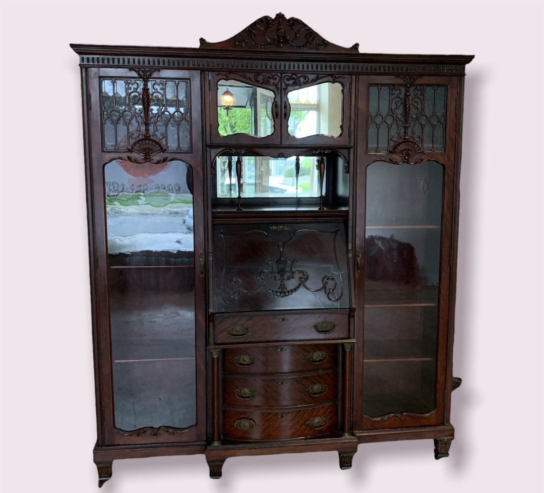 Antique Mahogany China Display Cabinet Desk Breakfront (1 of 10)