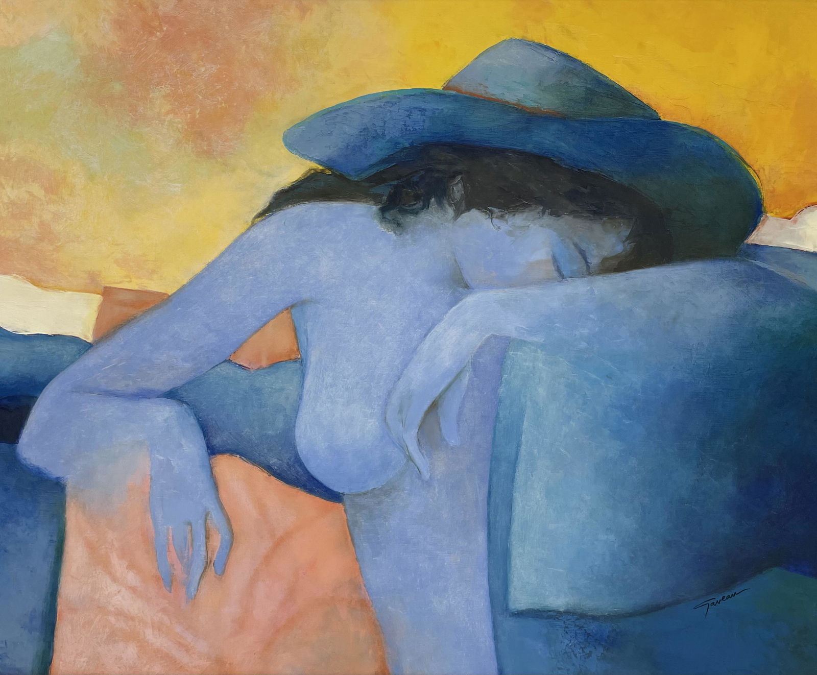 Claude Gaveau (France, 1940-Present) Portrait Blue Woman Painting: Claude Gaveau (France, 1940-Present) Oil Painting Portrait of Blue Woman. Frame Size: 27" x 32.5". Painting size: 23" x 28". Artist signed on bottom right and plaque on bottom.