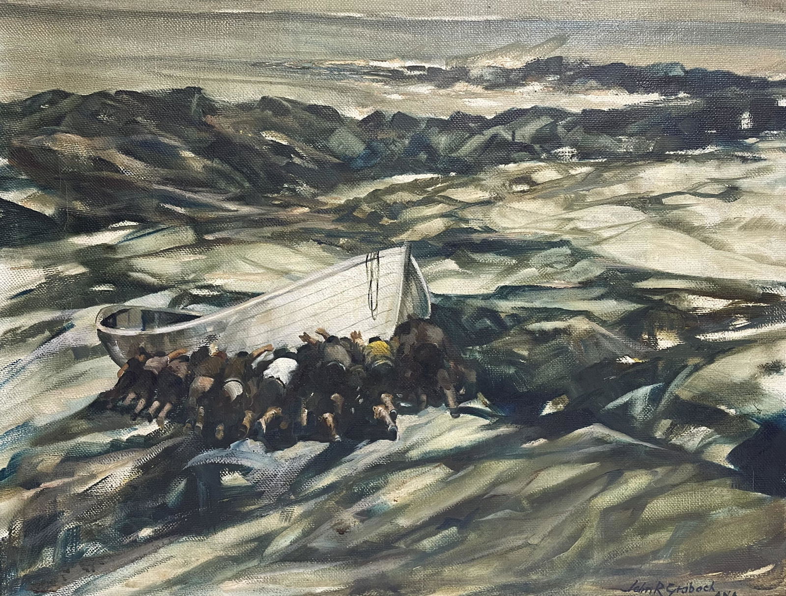 John R. Grabach (American, 1886-1981) "Ant's Moving A Boat" Painting Seascape (1 of 6)