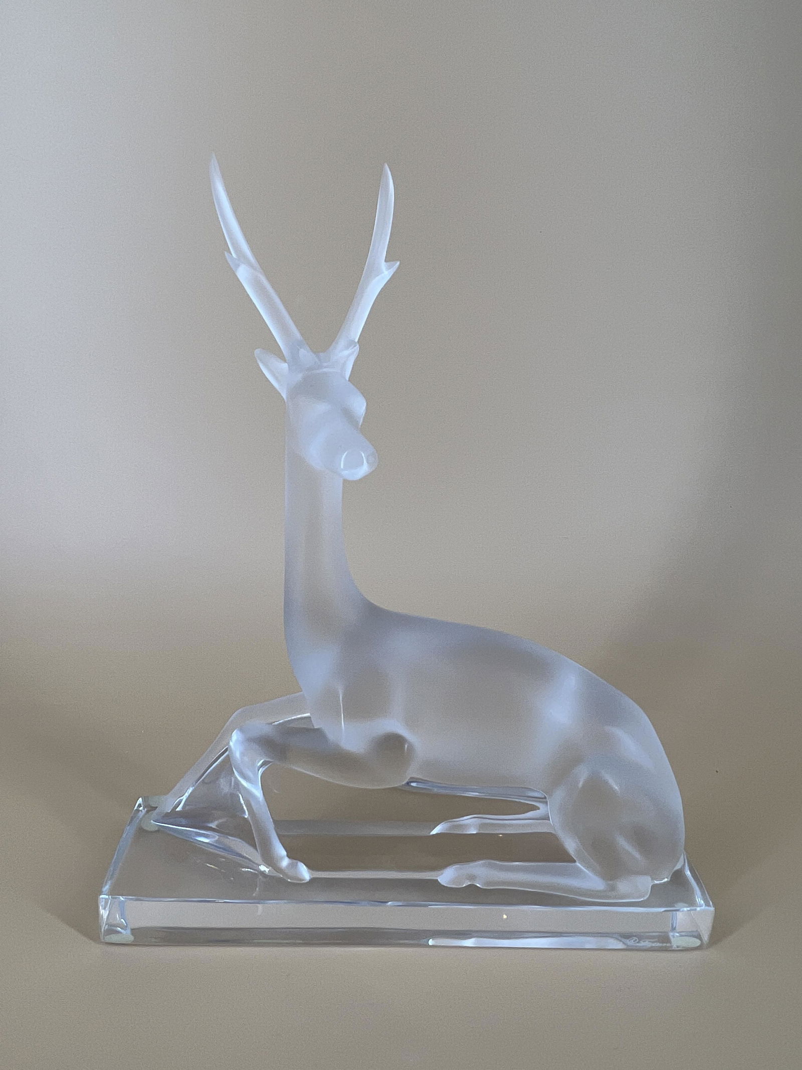 French Lalique France Frosted Crystal Glass Deer Buck Sculpture: Lalique France Frosted Crystal Glass Deer Buck Sculpture. No chips or cracks. Signed on bottom.