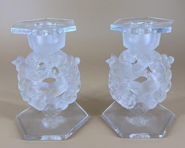 Vintage Pair of Lalique 'Mesanges' Love Birds & Wreath Candlesticks (1 of 7)