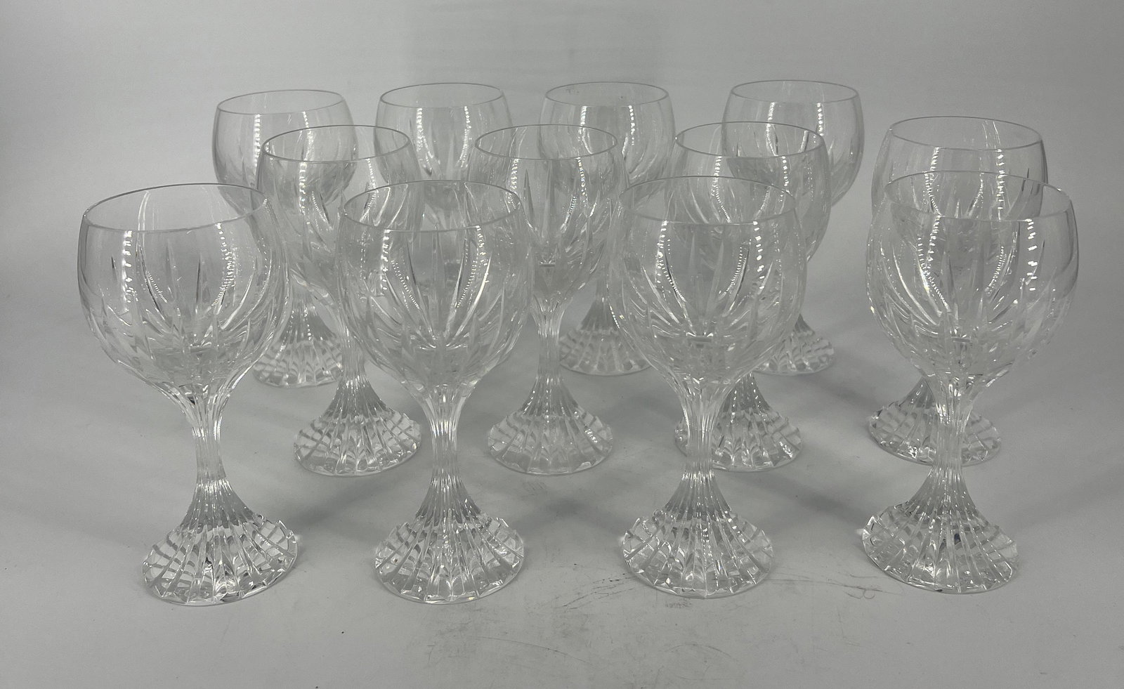 Vintage Lot of 12 Baccarat Red Wine Glasses Massena Pattern: Lot of 12 Baccarat Glasses. Signed on bottoms. No chips or cracks. Red Wine Glasses. Massena Pattern.