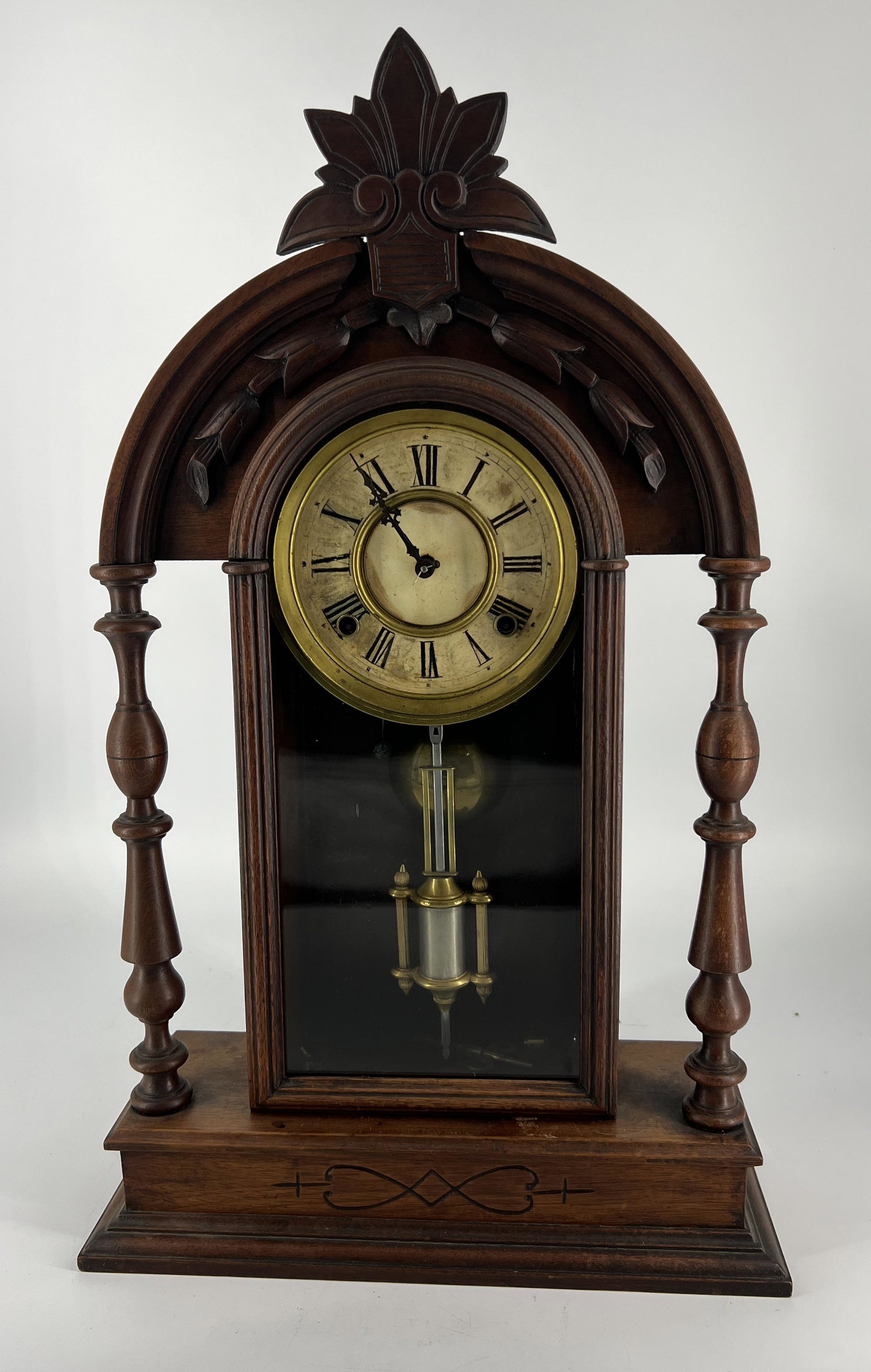 Antique Carved Renaissance Revival Wooden Clock c.1890's: Antique Carved Renaissance Revival Wooden Clock. Carved spindles and pediment.