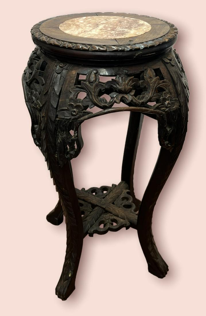 Antique Chinese Rosewood Plant Stand W/ Red Marble Insert (1 of 5)