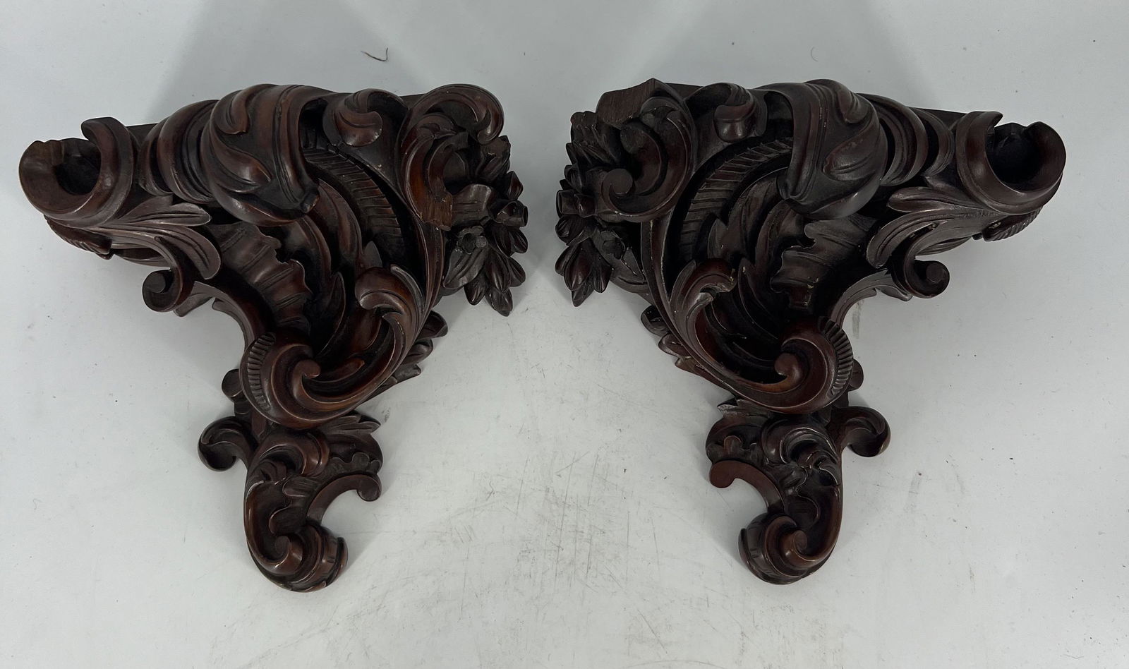 Antique Pair of Ornate Carved Black Forest Wall Shelves (1 of 11)