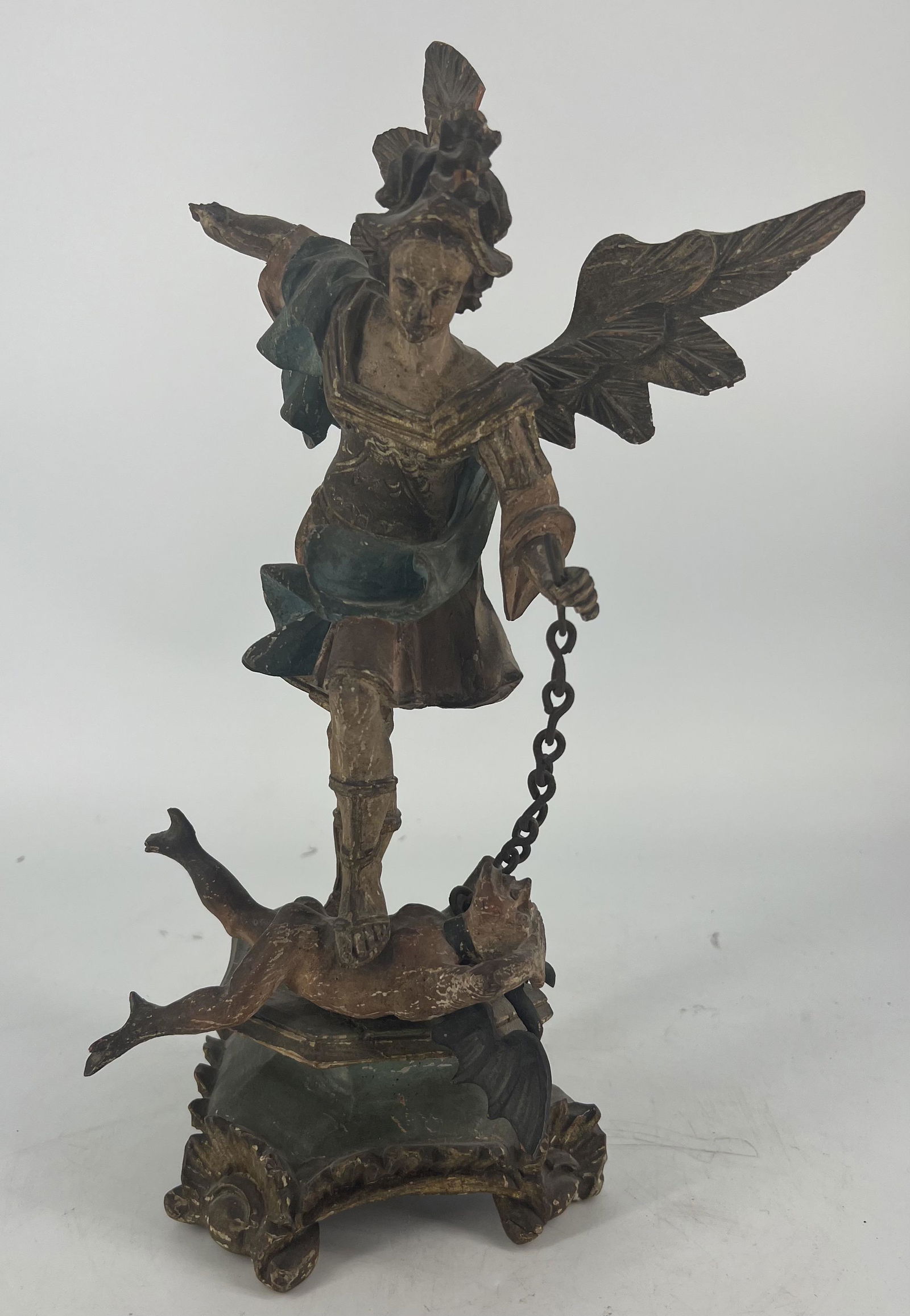 Carved Wooden Religious Statue of Archangel Michael Battling Demon (1 of 7)