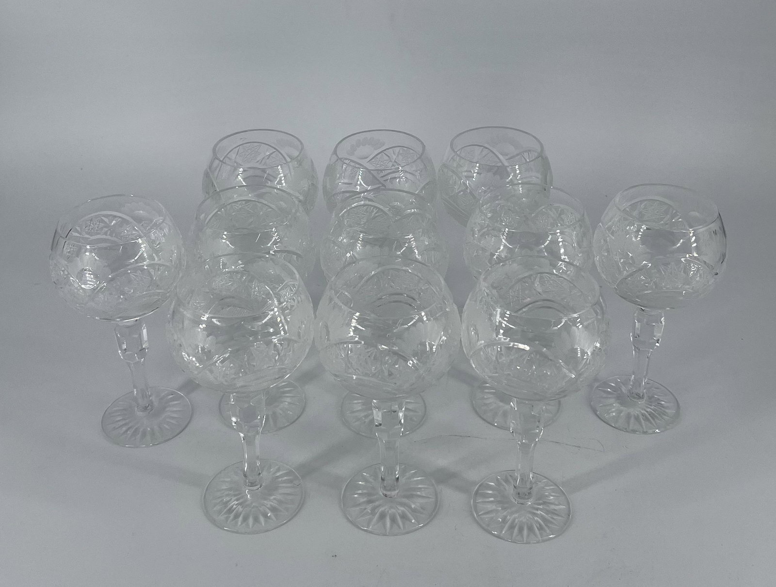 Antique Lot of 11 Cut Crystal Glass White Wine Goblets: Antique Lot of 11 Cut Crystal Glass White Wine Goblets. No chips or cracks. Unsigned.