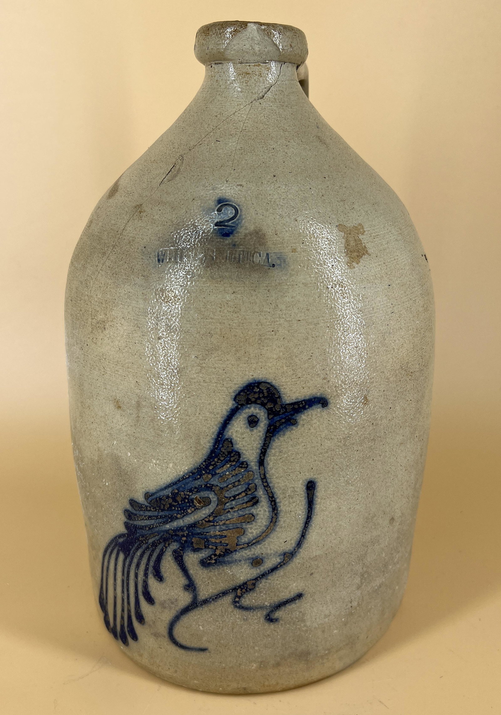 Antique The White's Pottery Stoneware Jug Utica, NY 2 Gallon W/ Bird Design (1 of 8)
