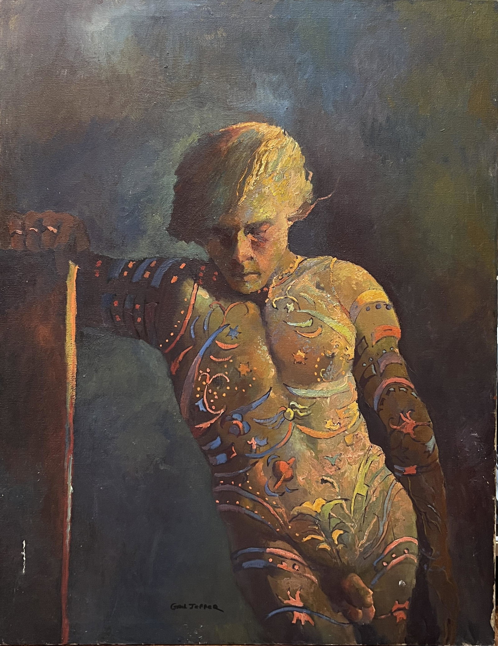 Gail Jeffer (American, 1944-2010) Oil Painting on Canvas Unframed Nude Man: Gail Jeffer, New Jersey (American, 1944-2010) Oil Painting on Canvas Unframed. Signed on bottom center. Painting depicts a nude man painted with pastel colored stripes. There is a tear in the canvas t