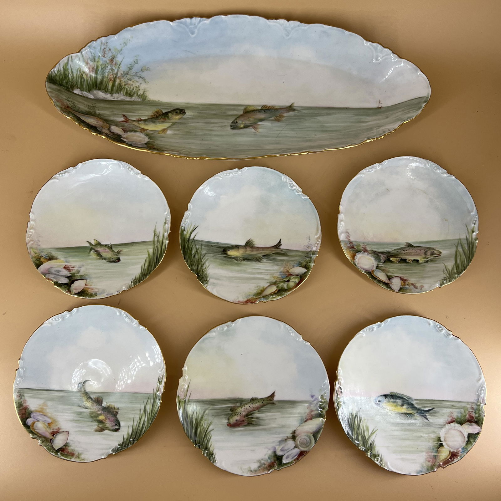 Vintage J.P.L Limoges France Hand Painted Fish Platter & 6 Plates c.1906 (1 of 10)