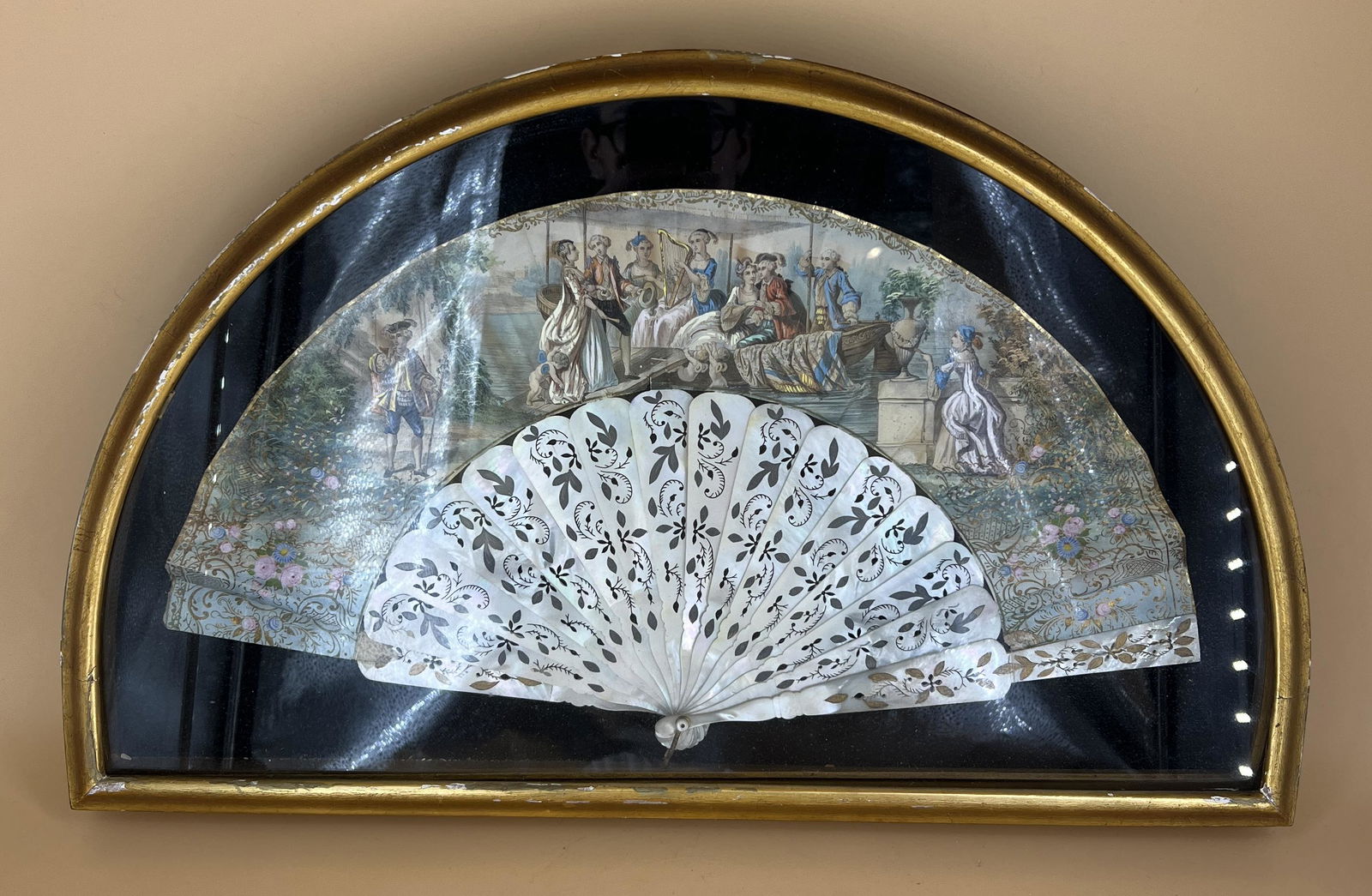 Vintage Framed Victorian Hand Painted Fan w/ Carved Mother of Pearl (1 of 5)