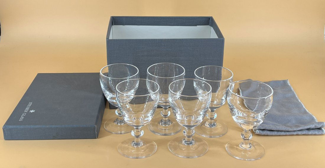 Vintage Lot of 6 Steuben Crystal Claret Wine Glasses W/ Original Box: Vintage Lot of 6 Steuben Crystal Claret Wine Glasses W/ Original Box. Box size: 6.25" x 6.25" x 9.25". Glasses are 4 5/8" each. Signed on bottoms.