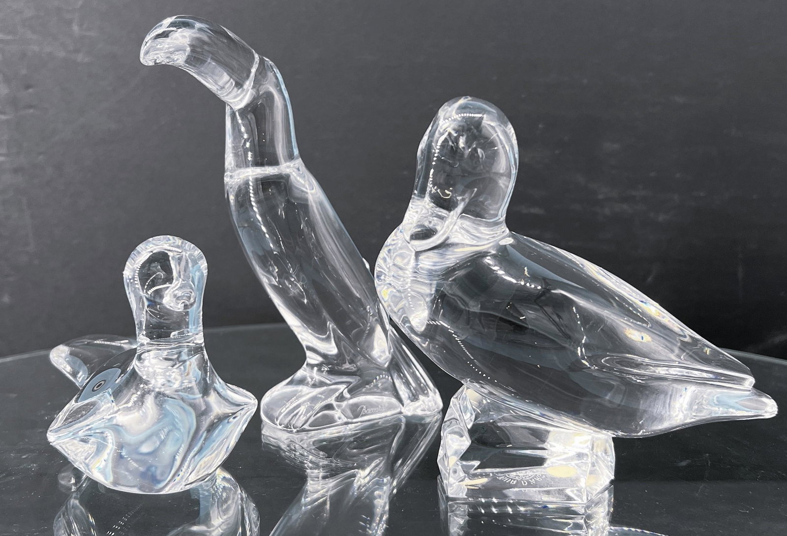 Vintage Baccarat Crystal Glass Lot of 3 Animal Bird Figurines: Vintage Baccarat Crystal Glass Lot of 3 Figurines. Duck(5.25" X 3"), duck(5" X 3.75"), and Toucan(6" X 5"). Signed on sides and bottom.
