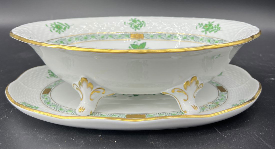 Antique Herend Hungary Footed Strainer Bowl & Dish Chinese Bouquet in Green (1 of 6)